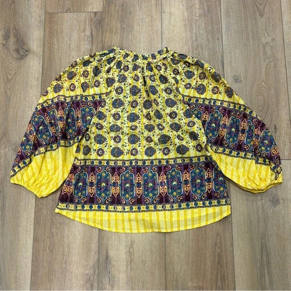 🌟SUNDANCE🌟BOHO PRINTED BORDER PRINT PEASANT BLOUSE YELLOW SZ XXS P - Picture 6 of 10